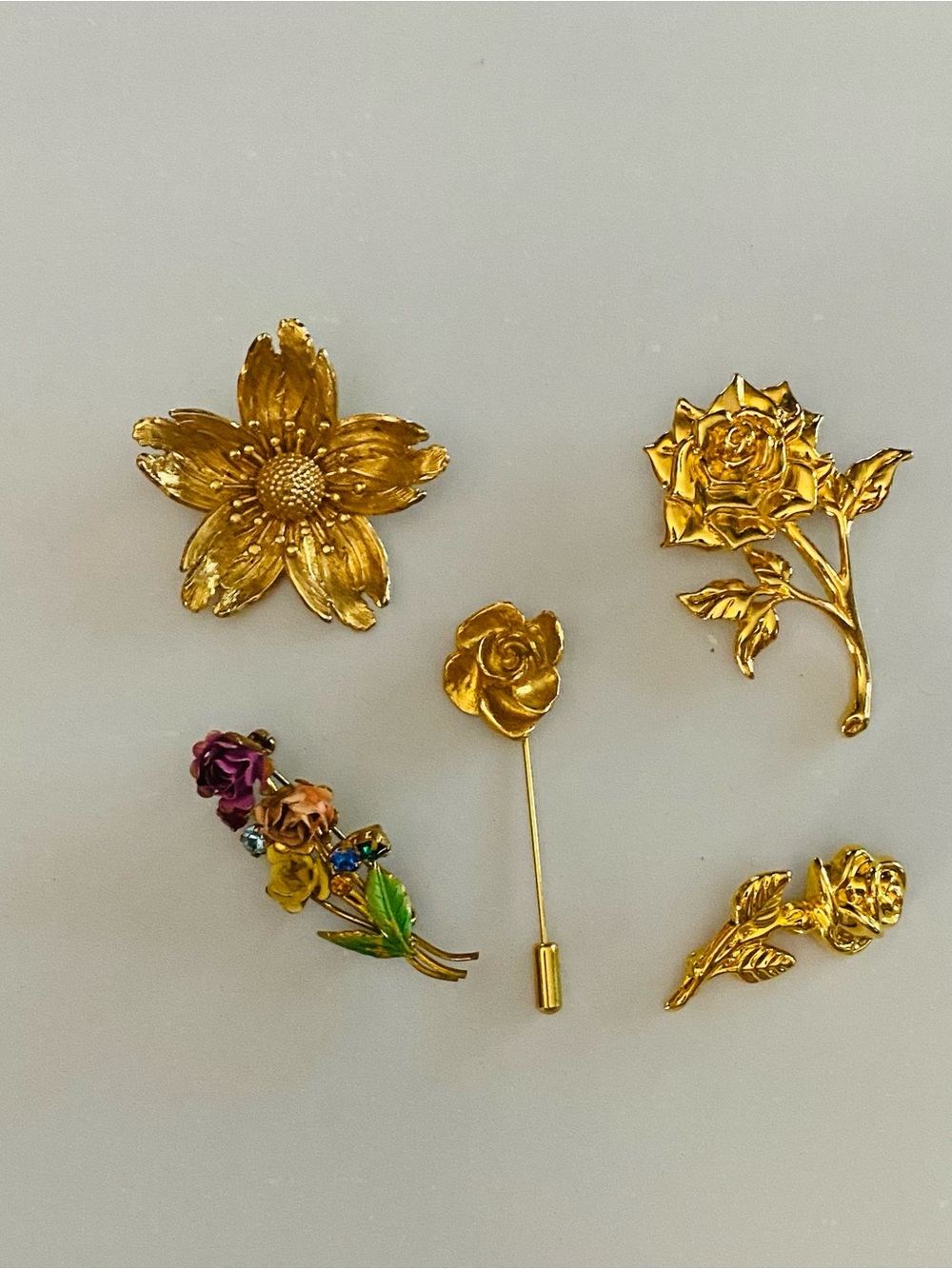 Gold Floral Brooch and Stick Pin Set - Women Jewelry
